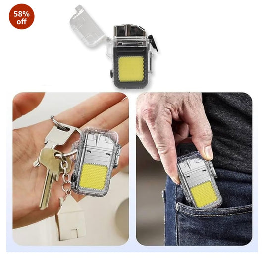 Waterproof USB Rechargeable LED Flashlight Lighter – Transparent Keychain Torch with Plasma Arc, Windproof Flameless Mini Lantern for Outdoor, Camping, Hiking & Survival