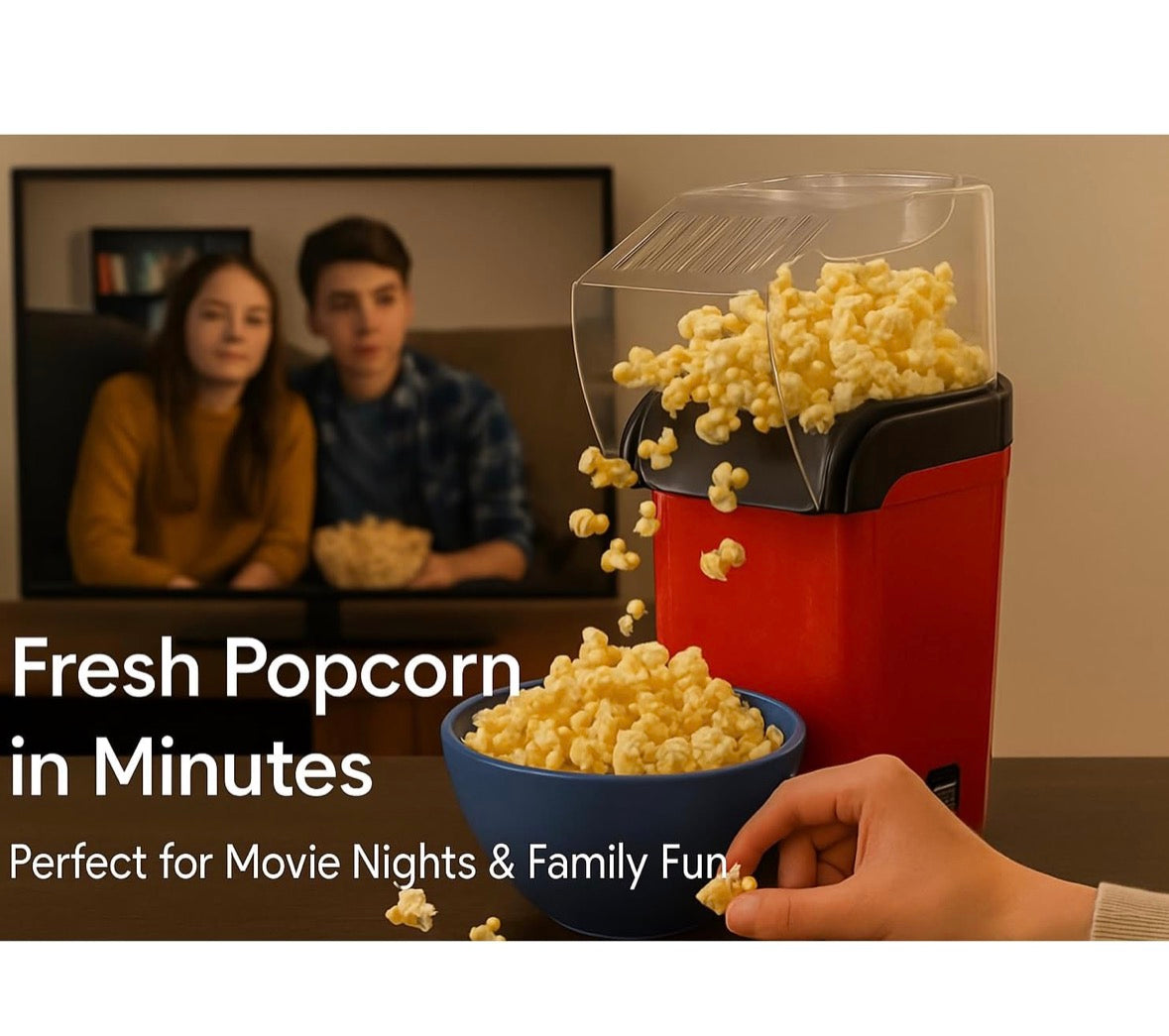Hot Air Popcorn Maker | Electric Popper, Oil-Free, Healthy Snack Machine for Kids & Adults | Perfect for Home & Party Use