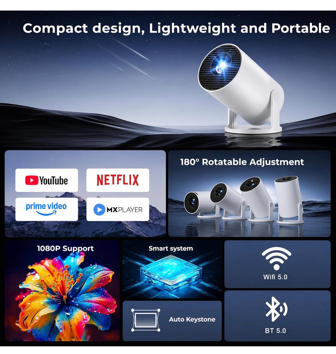 Portable Smart Mini Projector, 4K 1080P Full HD Projector Supports Netflix, Prime and YouTube Etc. WiFi 5G, BT-5.0, Cinema Projector 180° Android 11, Compatible with TV Stick/Windows/iOS/Android