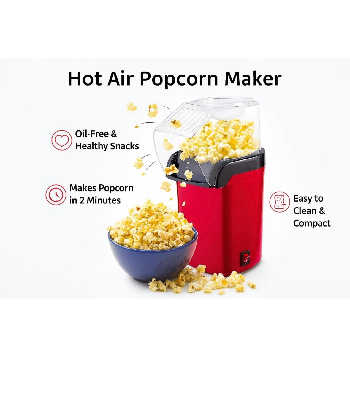 Hot Air Popcorn Maker | Electric Popper, Oil-Free, Healthy Snack Machine for Kids & Adults | Perfect for Home & Party Use