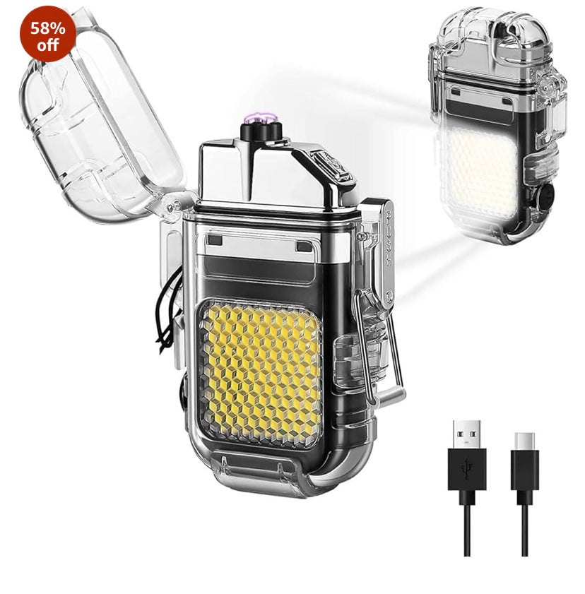 Waterproof USB Rechargeable LED Flashlight Lighter – Transparent Keychain Torch with Plasma Arc, Windproof Flameless Mini Lantern for Outdoor, Camping, Hiking & Survival