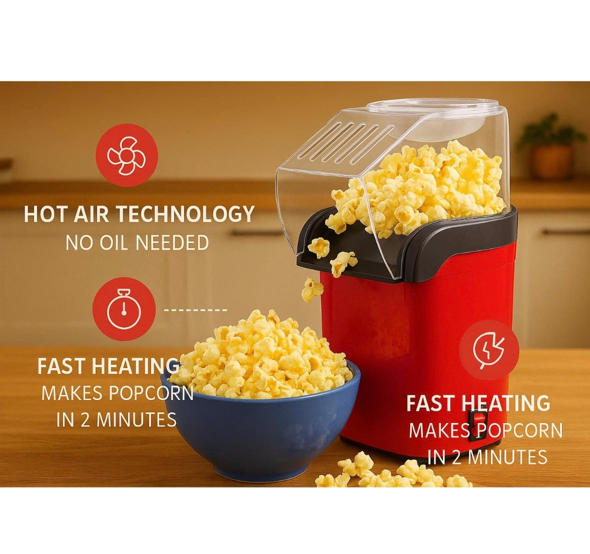 Hot Air Popcorn Maker | Electric Popper, Oil-Free, Healthy Snack Machine for Kids & Adults | Perfect for Home & Party Use