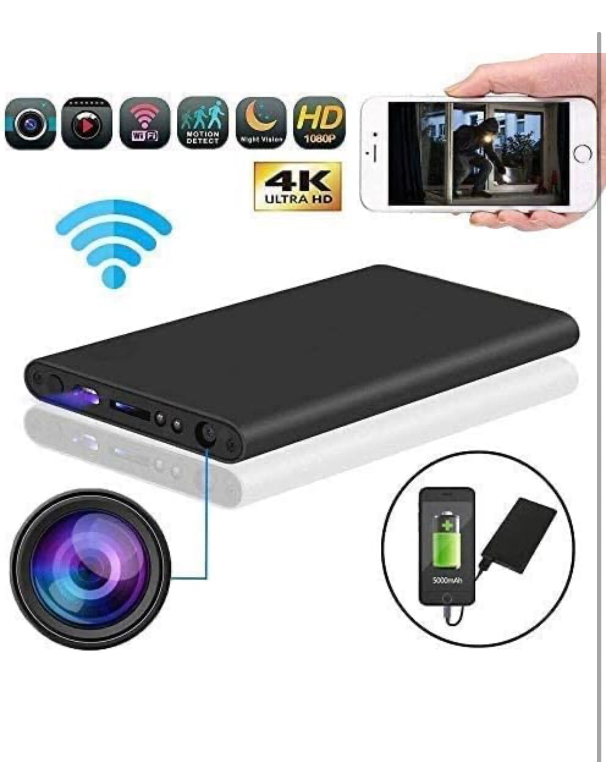 4K HD WiFi Power Bank Camera 10000 MAH 1080P Hidden HD spy Security Camera Audio & Night Vision Live Video Recorder