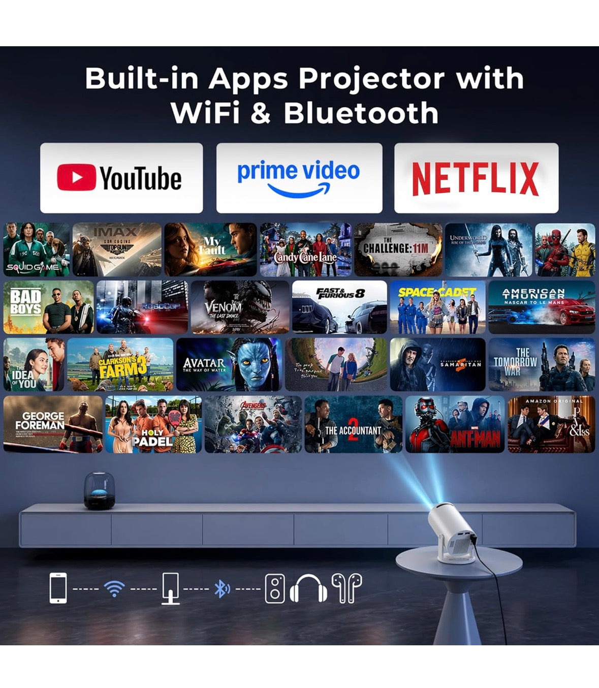Portable Smart Mini Projector, 4K 1080P Full HD Projector Supports Netflix, Prime and YouTube Etc. WiFi 5G, BT-5.0, Cinema Projector 180° Android 11, Compatible with TV Stick/Windows/iOS/Android