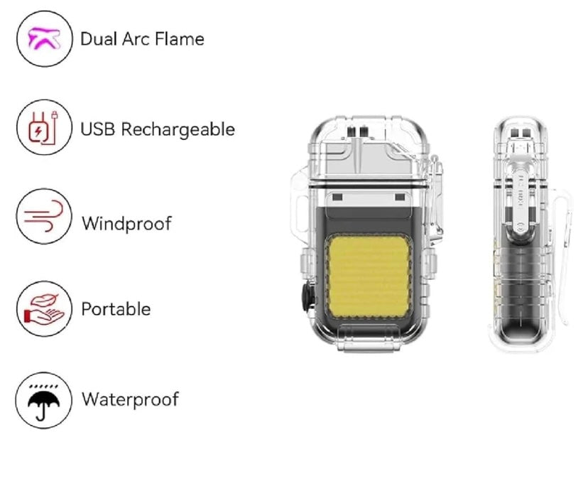 Waterproof USB Rechargeable LED Flashlight Lighter – Transparent Keychain Torch with Plasma Arc, Windproof Flameless Mini Lantern for Outdoor, Camping, Hiking & Survival