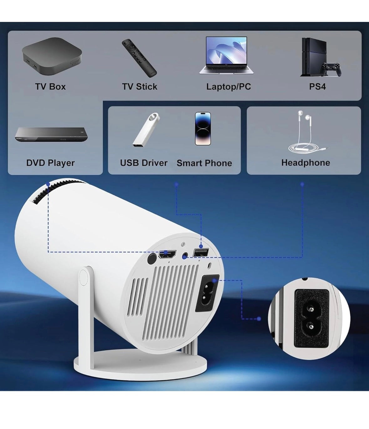 Portable Smart Mini Projector, 4K 1080P Full HD Projector Supports Netflix, Prime and YouTube Etc. WiFi 5G, BT-5.0, Cinema Projector 180° Android 11, Compatible with TV Stick/Windows/iOS/Android