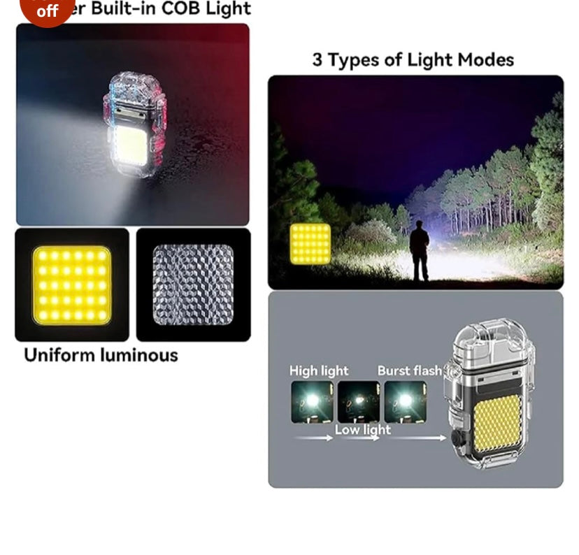 Waterproof USB Rechargeable LED Flashlight Lighter – Transparent Keychain Torch with Plasma Arc, Windproof Flameless Mini Lantern for Outdoor, Camping, Hiking & Survival