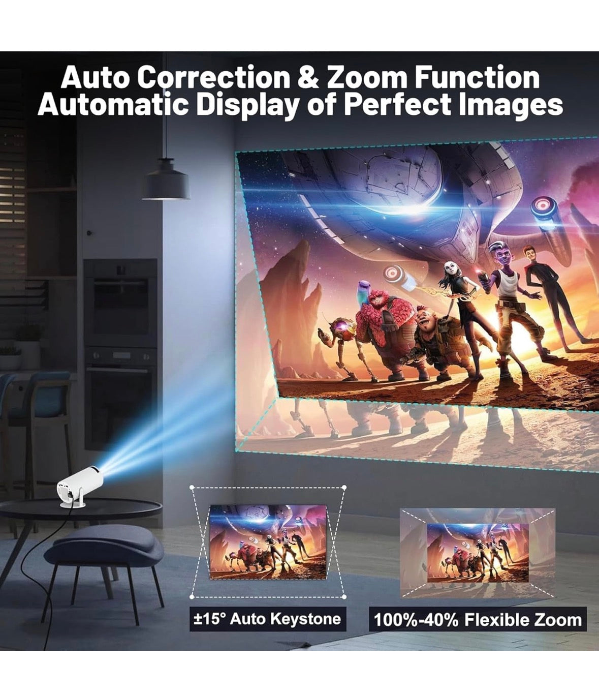 Portable Smart Mini Projector, 4K 1080P Full HD Projector Supports Netflix, Prime and YouTube Etc. WiFi 5G, BT-5.0, Cinema Projector 180° Android 11, Compatible with TV Stick/Windows/iOS/Android