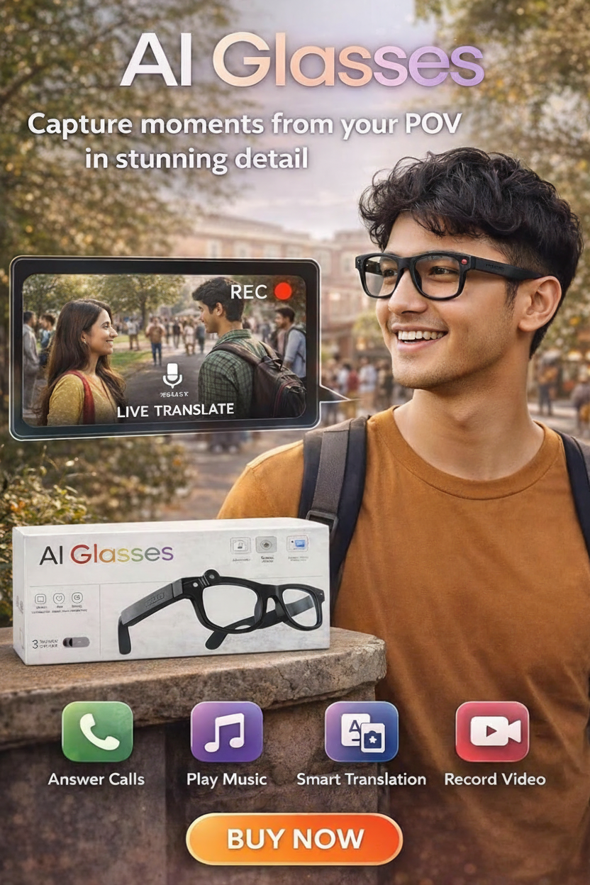 AI Smart Glasses with 8MP HD Camera for Hands-Free Photo and Video AI Voice Assistant Object Recognition | Bluetooth 5.3 Dual Mic Noise Reduction Smart Wearable for Daily Use