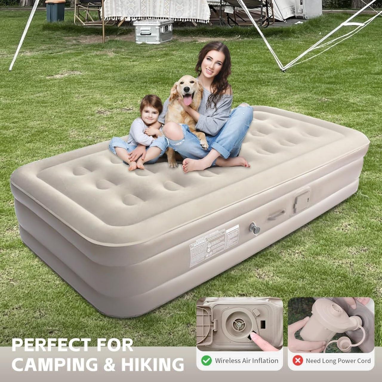 Inflatable Air Mattress with - Waterproof Single & Portable Blow Up Bed Built-in Pump